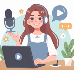 flat design illustration concept of a smiling news anchor girl greeting the audience