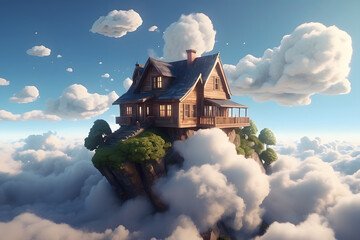 3d house floating on clouds