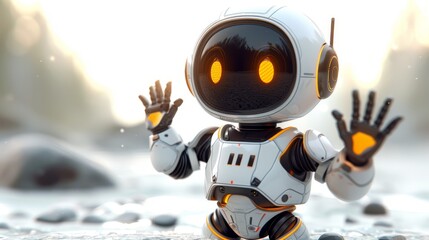 Robot on white. Bot saying hi on screen. Chatbot for customer service. illustration on flat color background.