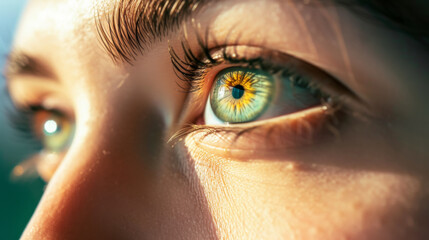 Close-up image of a beautiful female eye with a green iris. Open eye, macro photography. Macro of Human Eye. Daring look, stylish makeup, hyper-realism.