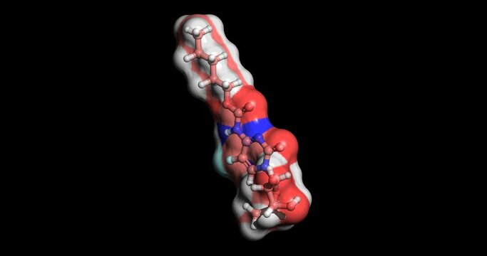 Capecitabine, nucleoside metabolic inhibitor drug against gastrointestinal and pancreatic cancer, and breast cancer, 3D molecule spinning on Y-axis, 4K