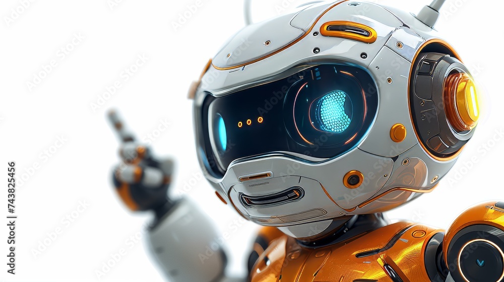 Poster an isolated chat bot holding a speech bubble on a white background. the bot is saying hi on a screen