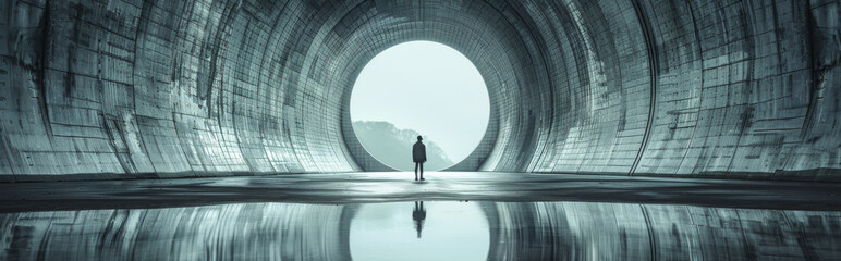 Silhouette of a man in front of a tunnel.