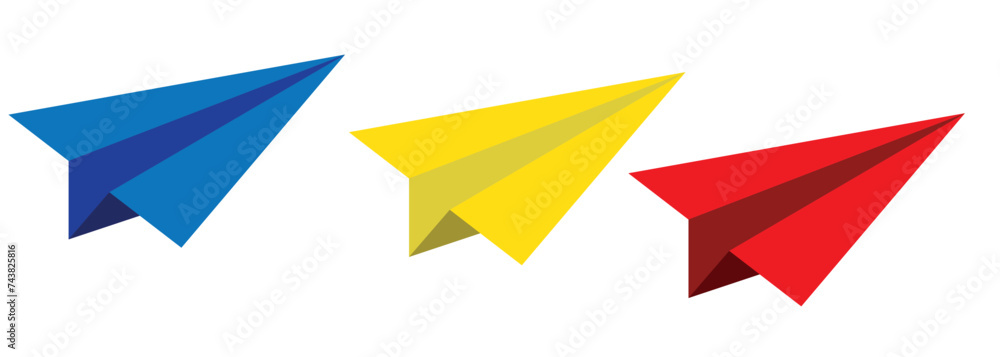 Poster set realistic white paper plane 3d model jet. different view paper airplane isolated on transparent 