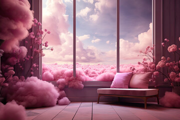 beautiful view from the window of the pink clouds entering the room with couch and pink flowers