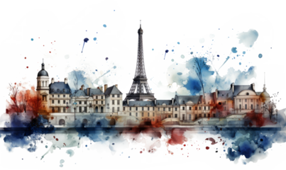 watercolor painting of Eiffel tower in Paris .France , skyline background , sunset 