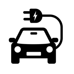 Electric Car With Plug Icon. Front-View Of An Electric Vehicle Symbol. Eco-Friendly Auto With Electric Battery. Electrical Fueling Plug Pictogram