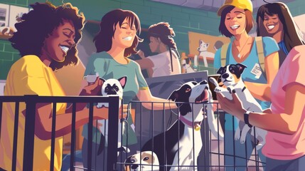A team of volunteers assisting at an animal adoption event, connecting pets with loving families.