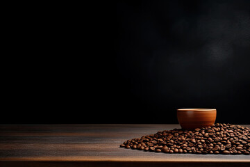 A bowl of coffee beans on a wooden table isolated on black background. copy space