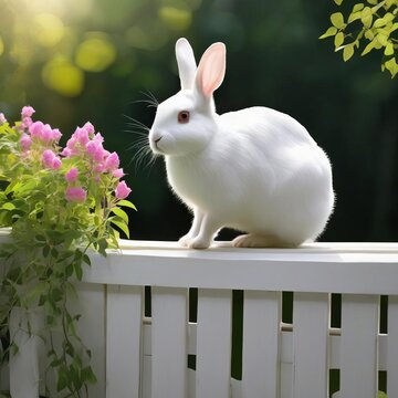 white hare on a white fence rabbit