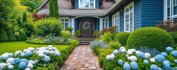 Cozy house with beautiful coniferous garden with blooming hydrangeas and rhododendrons and stone path. - obrazy, fototapety, plakaty