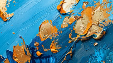 This abstract oil painting is called "Paint Spots, Paint Strokes, Golden Elements, Orange, Gold, Blue, Knife Painting". .