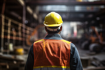 Constuction worker stands in front of construction site