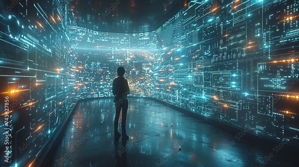 Poster A data scientist queries, analyzes, visualizes complex data sets on a virtual screen. He uses neural networks and artificial intelligence to do this.