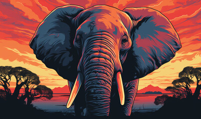 elephant at sunset - obrazy, fototapety, plakaty