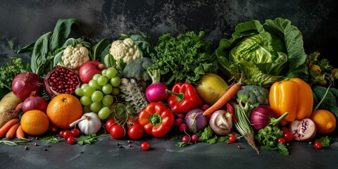 Photographs of a variety of fresh, colorful organic fruits and vegetables.