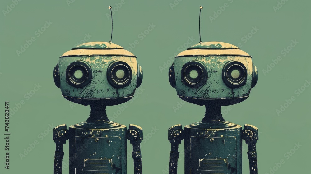 Poster blue-green background with cute robots seamless pattern.