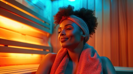 Beautiful woman steamed in a infrared sauna. SPA resort treatment. Beauty therapy, relaxing steam room, sauna therapy concepts - obrazy, fototapety, plakaty