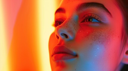 A peaceful close-up of a woman resting in infrared sauna, her features softly illuminated by a blend of cool and warm lights, evoking a sense of tranquility