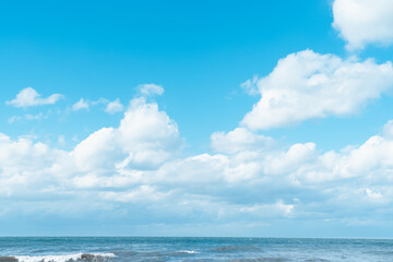 Sky Blue,Cloud Background,Horizon Spring Clear Sky in Morning by the beach,Vector beautiful landscape nature sunrise in Summer,Backdrop panoramic banner white clouds over ocean