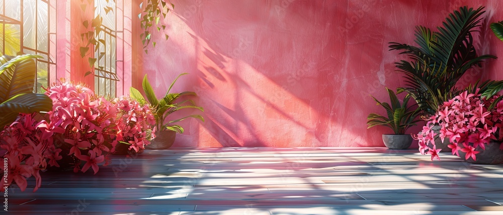Poster for product presentation, this color gradient studio background has shadows of the windows, flowers,