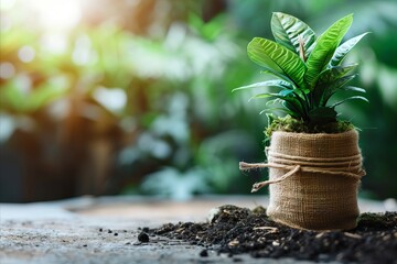 Plant seedling in pot with soil on wooden table with nature background.