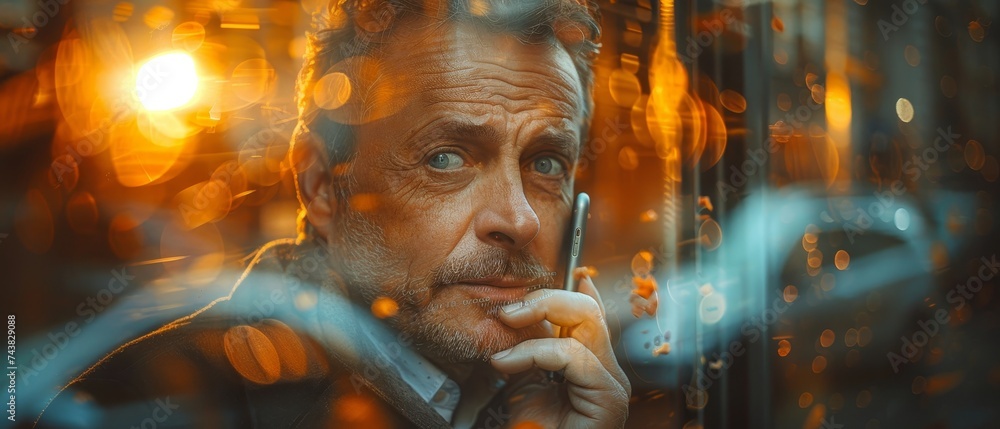 Poster corporate executive talking on the phone and looking at a digital tablet through a window