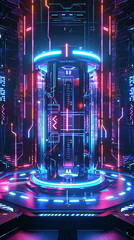 Sci-Fi Quiz Show Set in a Neon-Lit Studio with Advanced Technology Features, Vertical Video Format 9:16 - obrazy, fototapety, plakaty