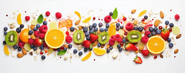 Top view of colorful fruit mix with nuts in white background. Healthy breakfast concept. Fresh fruit, raw food