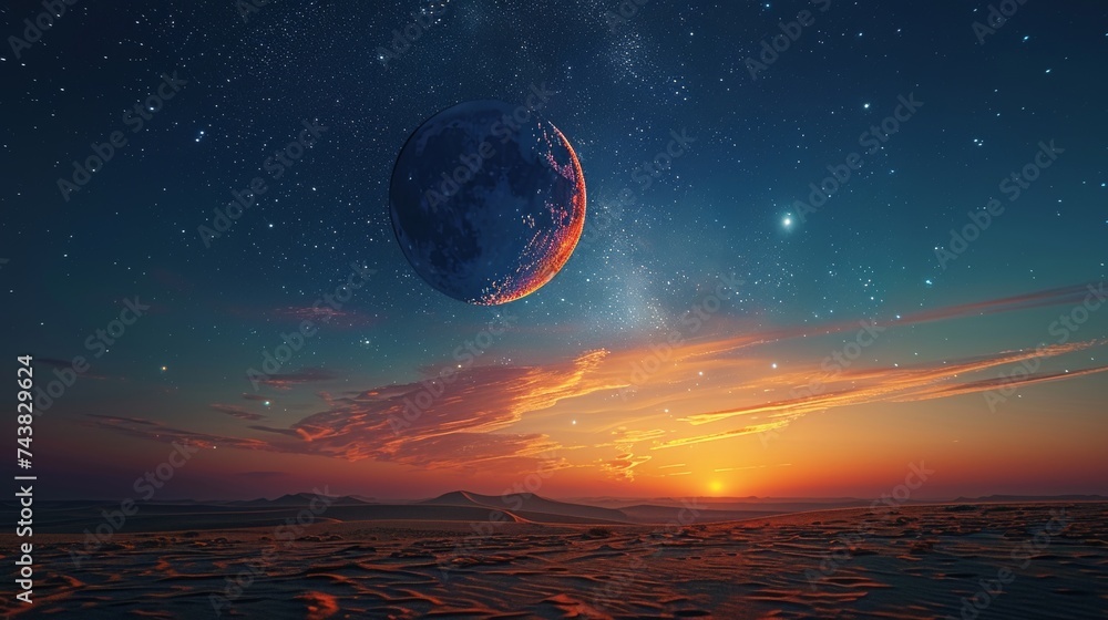 Poster the crescent moon and the star at dusk with a beautiful night time sky with free space for editing a