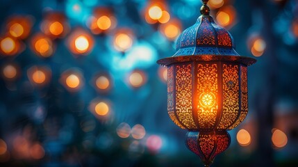 Id ul Fitr - Ramadan Kareem - Moon And Arabian Lantern In The Night With Abstract Defocused Lights - obrazy, fototapety, plakaty