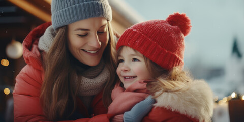 Obraz premium Woman and little girl wearing winter clothing