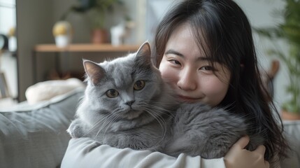 Happy young asian woman hugging cute grey persian cat on couch in living room at home, Adorable domestic pet concept