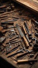 The carpenter's tools, mesmerizing in their beauty, lie in orderly rows on his workbench.