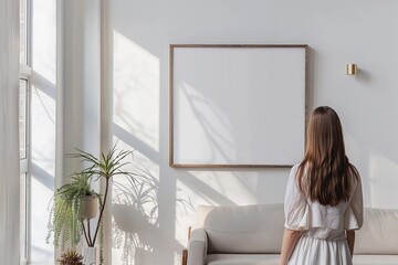 young woman looking at empty mockup frame, back view