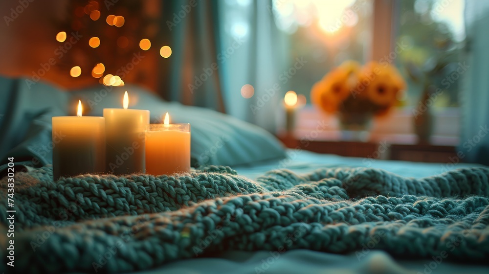 Wall mural Bedroom with a glowing lamp, burning candles, and green blankets on the bed