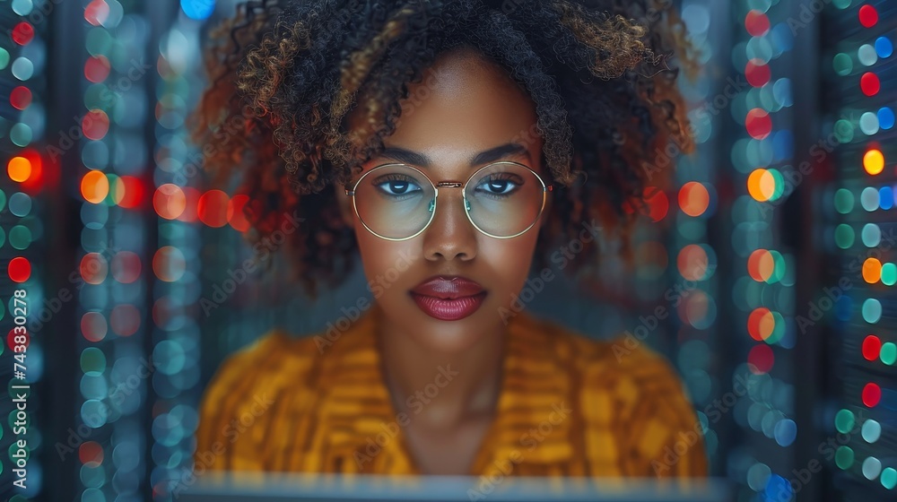 Aufkleber the black female it support engineer is working in a dark server room in order to troubleshoot or fi