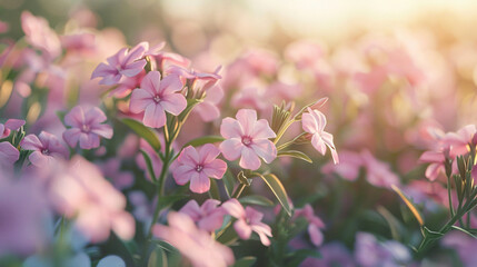 Fototapeta premium Phlox in a meadow, using cinematic framing to evoke a harmonious scene with a focus on natural colors. 