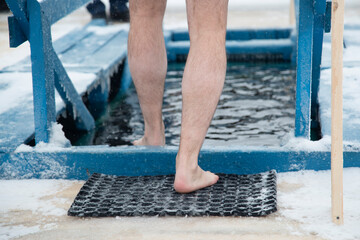 Hardening of the body through water treatments. Swimming in cold water in winter. Walrus swimming.