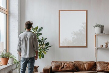 man looking at empty mockup frame, back view