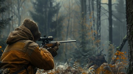 Hunter during hunting in forest. Hunter holding a rifle and aiming at deer. hunting expedition in the forest wearing brown jackets and reflective gear