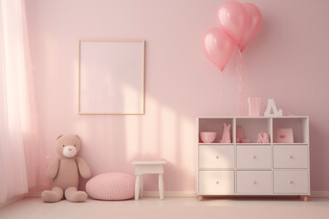 Nursery interior. Bed, toys, photo frame backdrop. Girls pink bedroom. Children's Playroom.