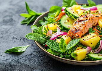 Grilled salmon fish fillet and grilled vegetable with fresh salad, top view.