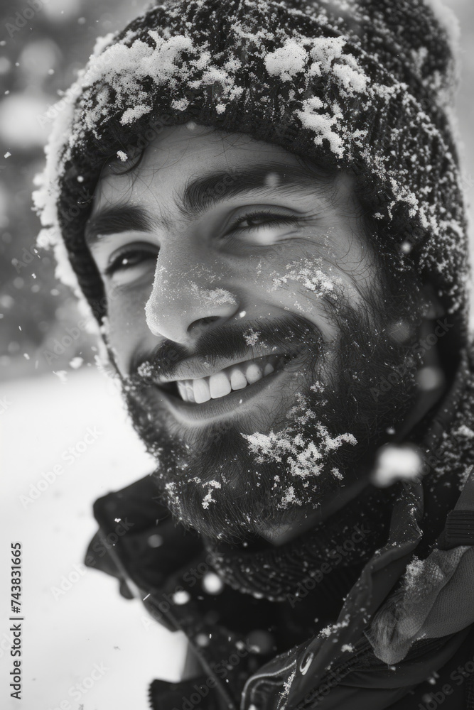 Poster man with beard and hat smiling in snow