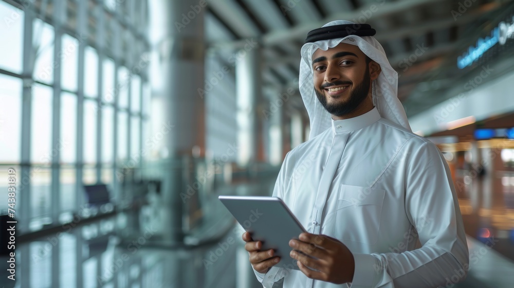 Poster Young Middle Eastern Man Posing With Digital Tablet At Airport Terminal, Successful Arab Businessman Working On Tablet Computer While Waiting For Flight, Copyspace
