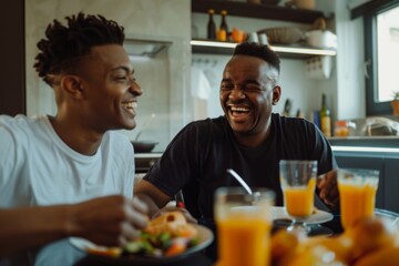Fototapeta na wymiar A father and son are having fun having lunch together on Father's Day. A happy young adult and an older man are laughing and chatting at the table. Father's Day concept celebration of men with their