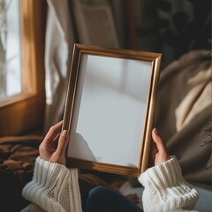 woman holding empty mockup frame 
