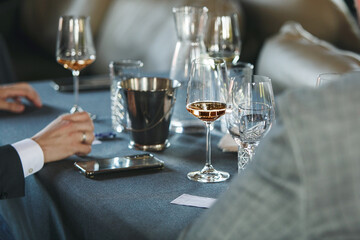 Sommelier school. Professional wine waiters are trained, close up. Winemaking courses, wine tasting. 