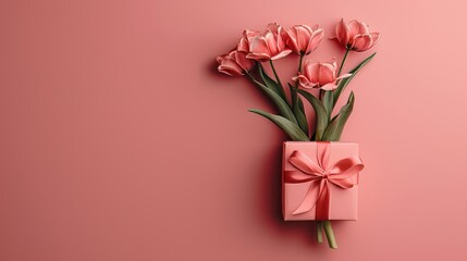 Photo of a stylish pink giftbox with ribbon bow and bouquet of tulips isolated on a pastel pink background with copyspace.