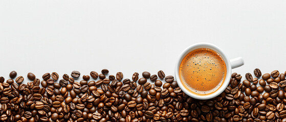 coffee cup and beans on copy space background banner